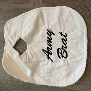 White Baby Bib with Black 'Army Brat' Text
